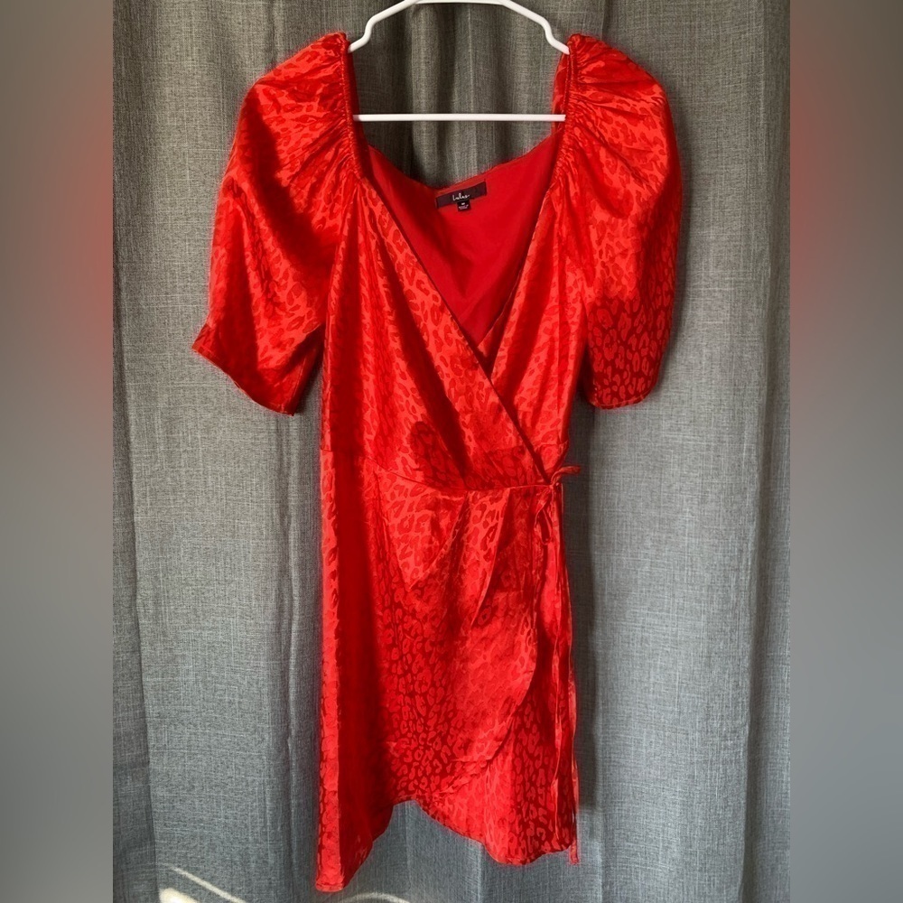 Lulus Red Satin Leopard Print Wrap Mini Dress Medium Puff Sleeve